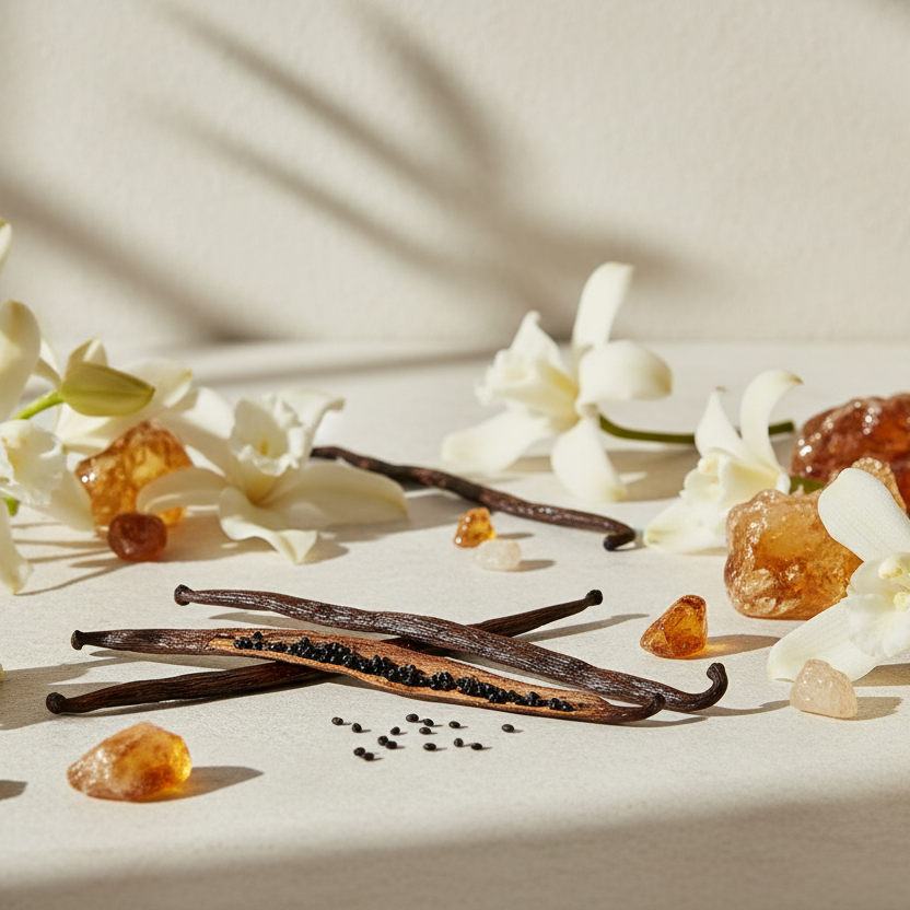 vanilla bean, blossom, and amber